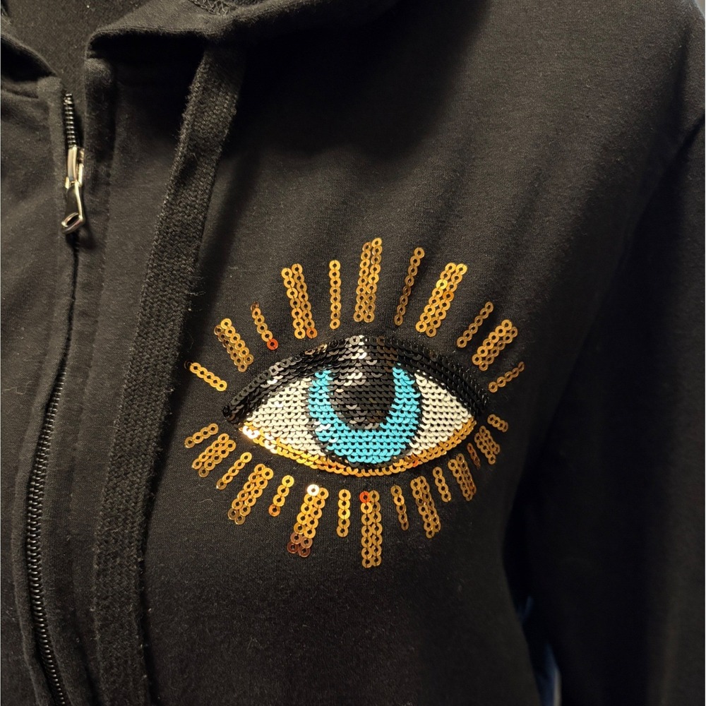 Vinizbena Black Full-Zip Sequined Evil Eye Hoodie, Large, Designed in Italy - Picture 4 of 8